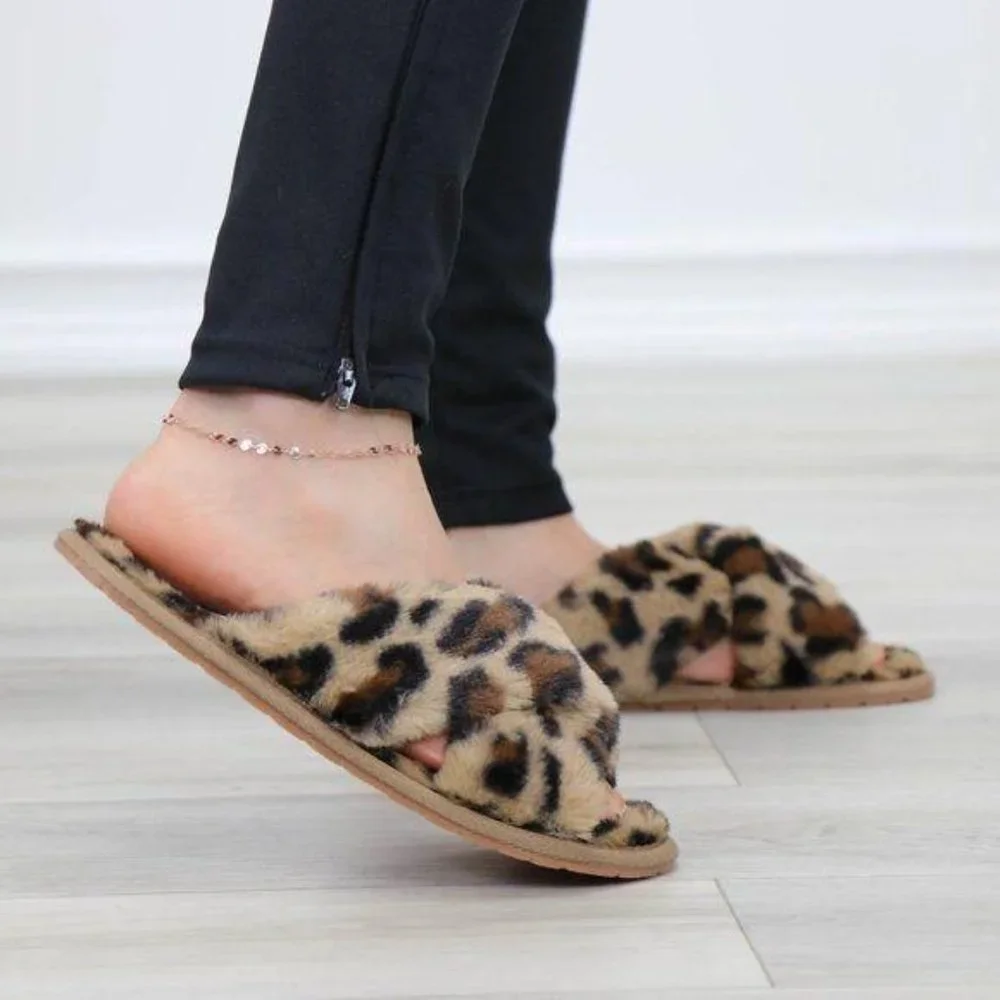 Leopard  Fuzzy Furry Criss Cross Sandal Sliders - Picture 9 of 14